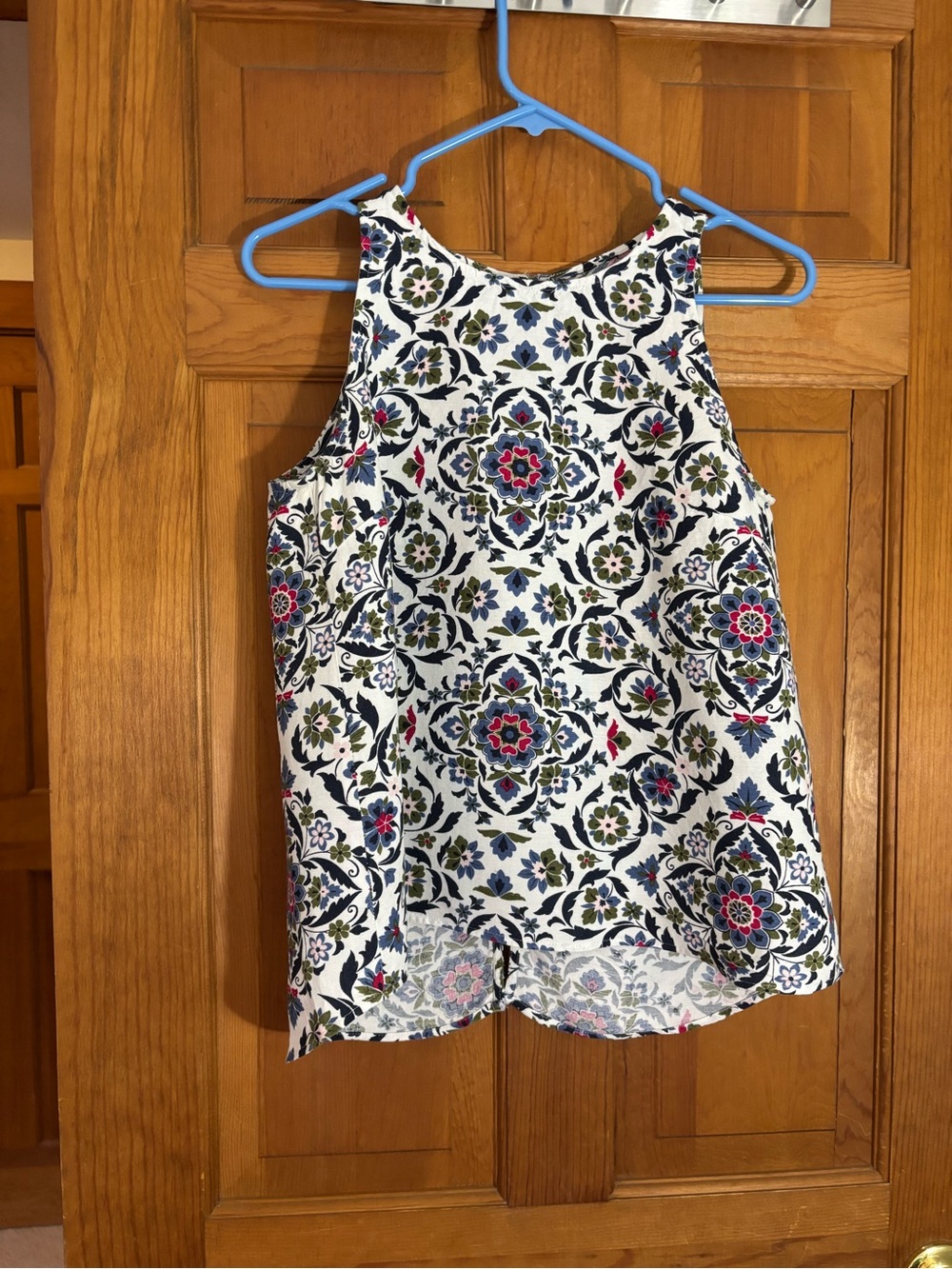 White Floral-Print Linen Sleeveless with Blue and Pink Accents